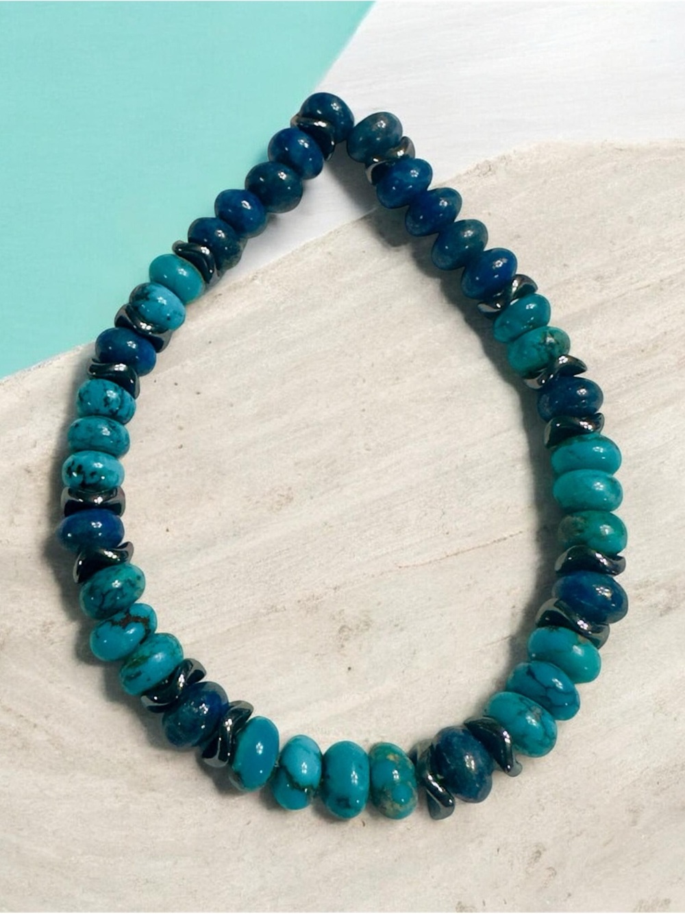 Turquoise and Lapis Lazuli Beaded Bracelet Sterling Silver - Picture 2 of 3